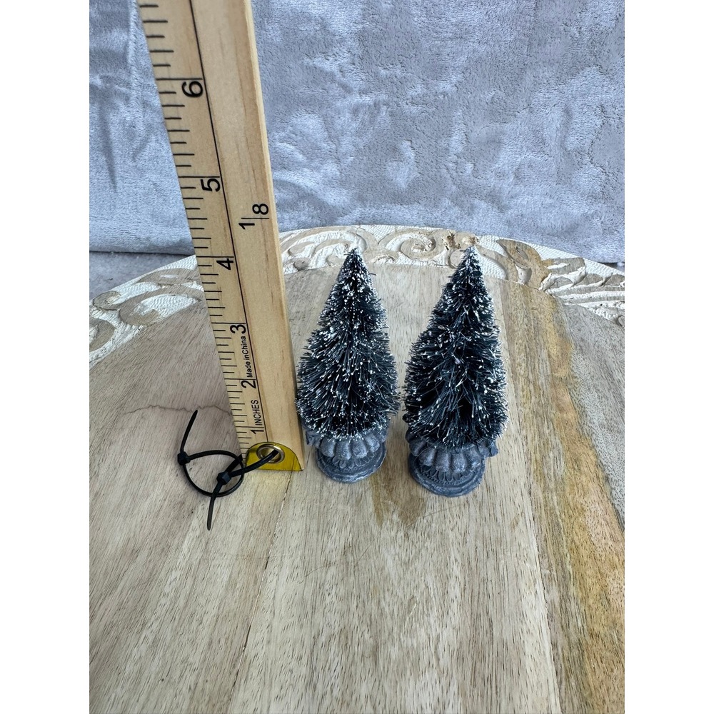 Set of 2 Frosted Bottle Brush Christmas Trees in Grey‎ Urn Bases 4.25 Inch